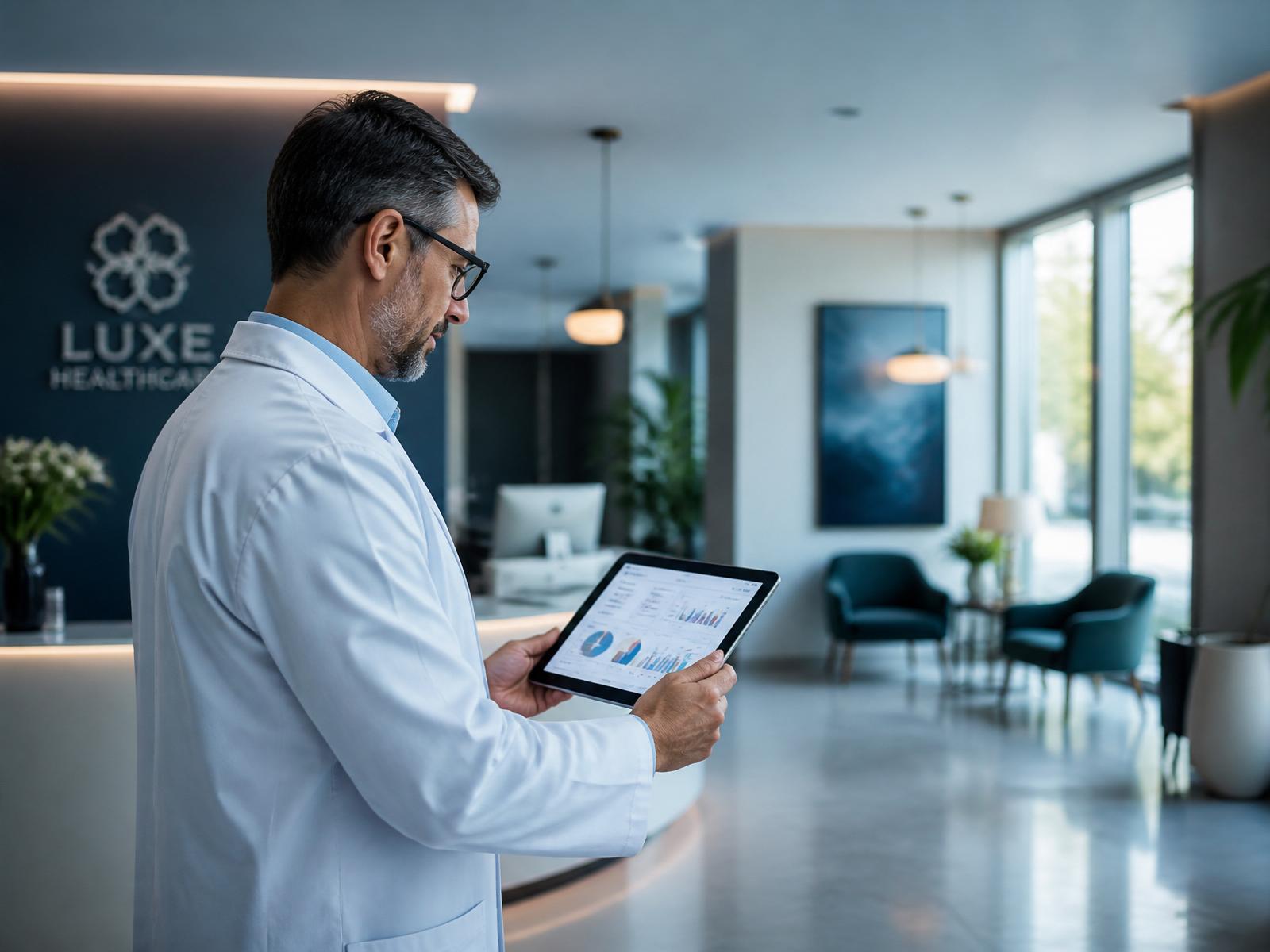 Profissional de saúde analisando dashboard estratégico em clínica premium